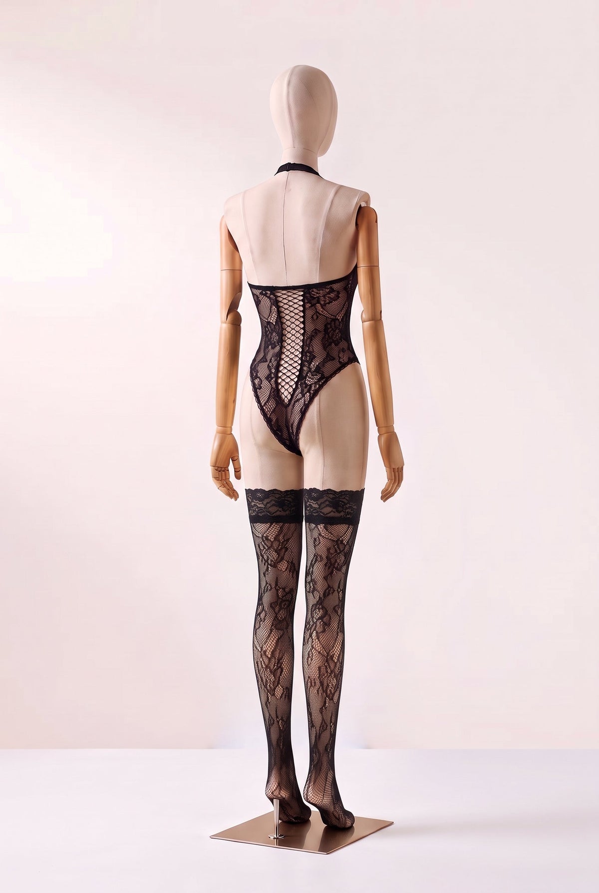 Ondine Lace Halter Teddy with Attached Stockings