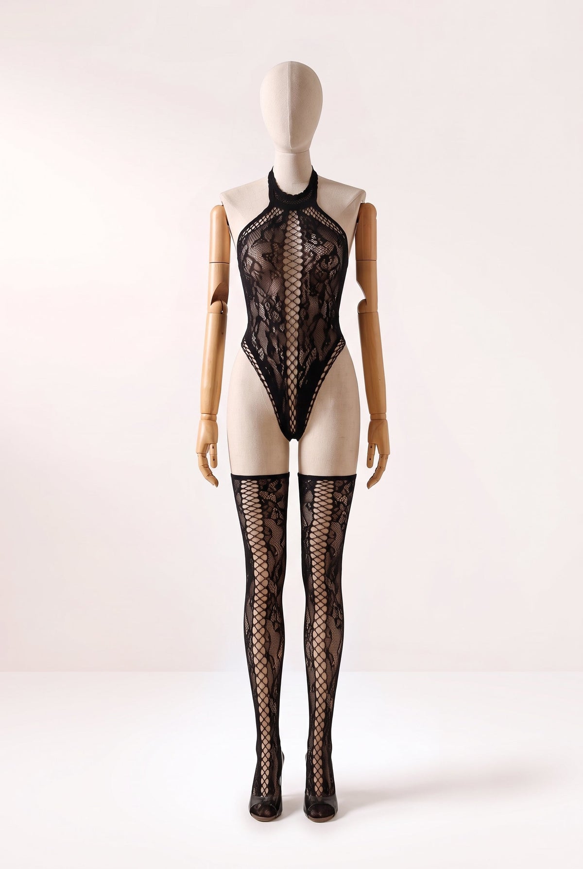 Ondine Lace Halter Teddy with Attached Stockings