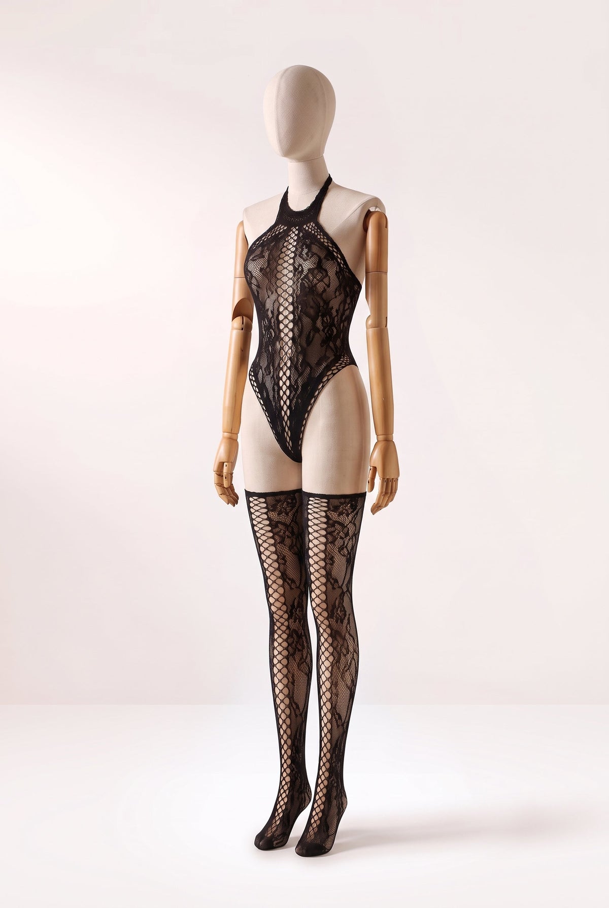 Ondine Lace Halter Teddy with Attached Stockings