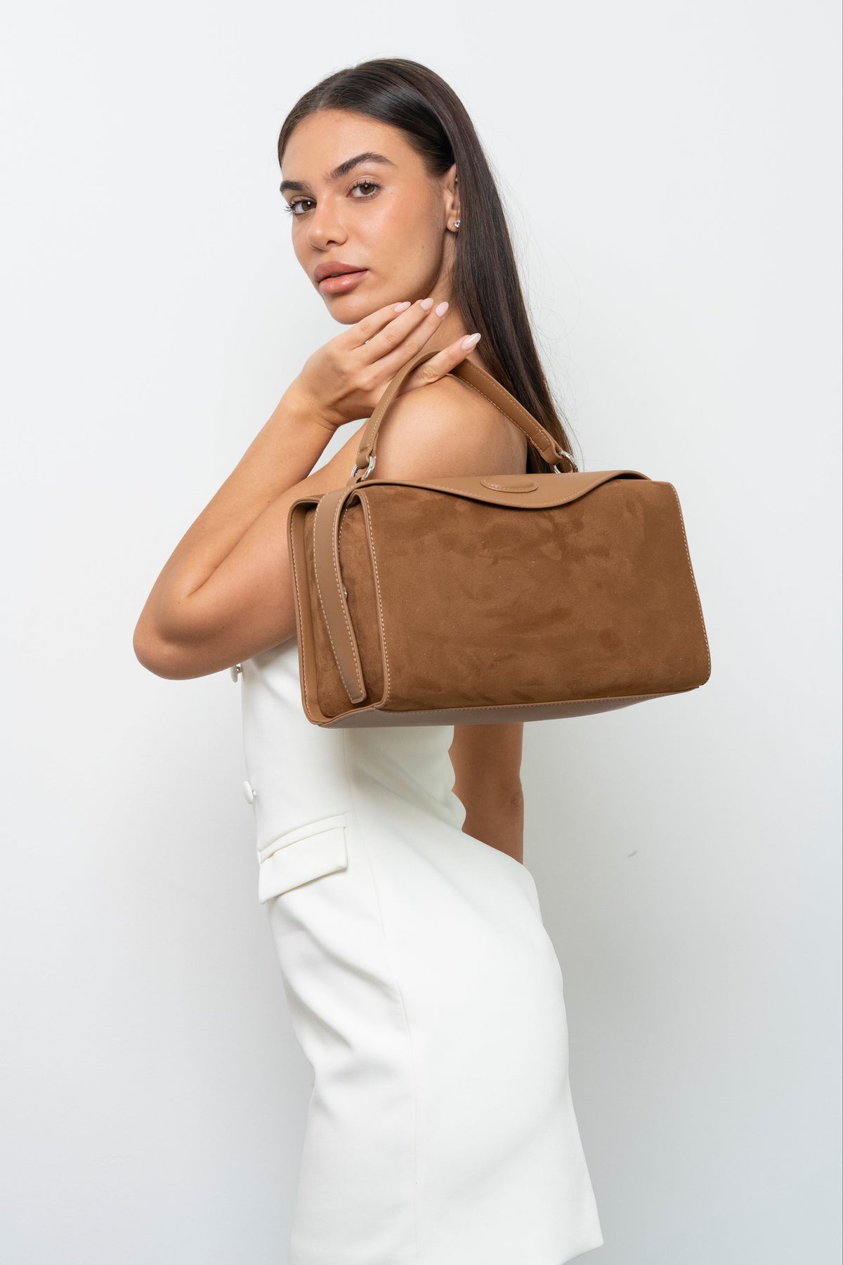 Yolanda Suede Fold-Over Top-Handle Bag